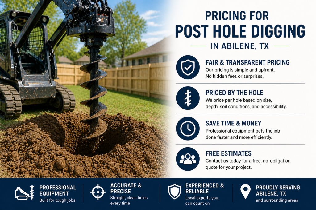 Post hole digging service in Abilene using skid steer auger drilling clean hole for fence installation in residential yard