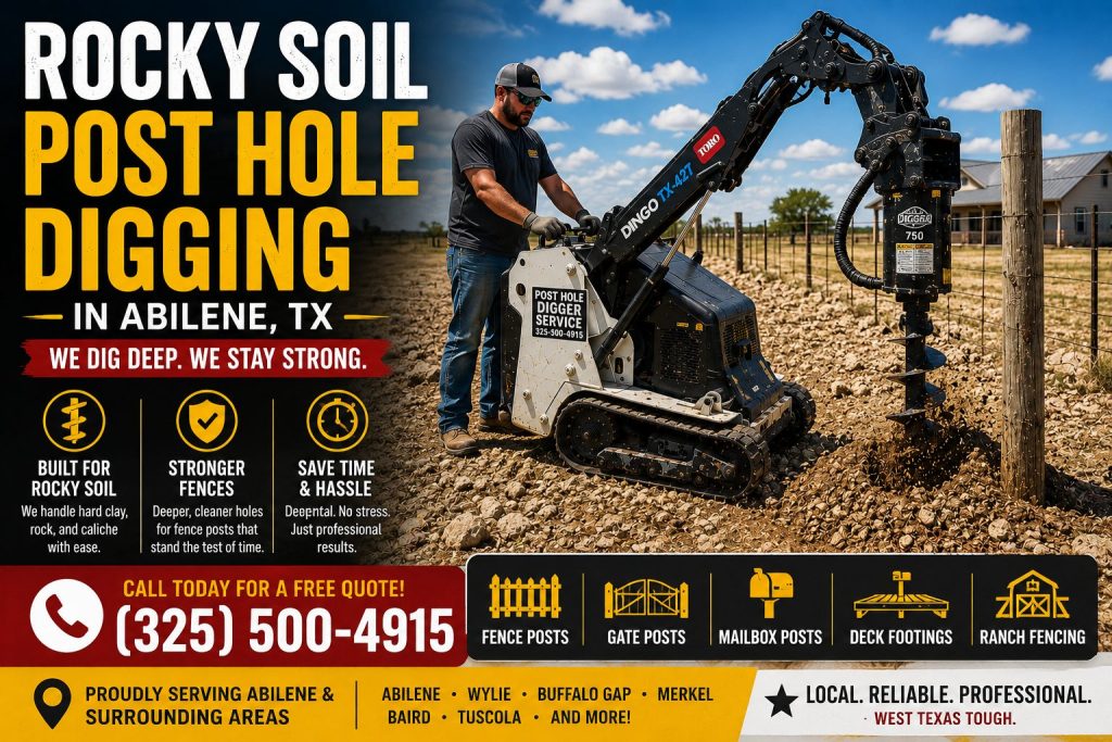 Rocky soil post hole digging service in Abilene TX using Toro mini skid steer auger equipment