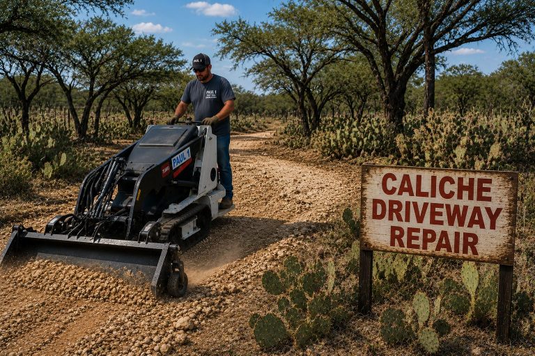 Caliche driveway repair on abandoned rural road in Texas