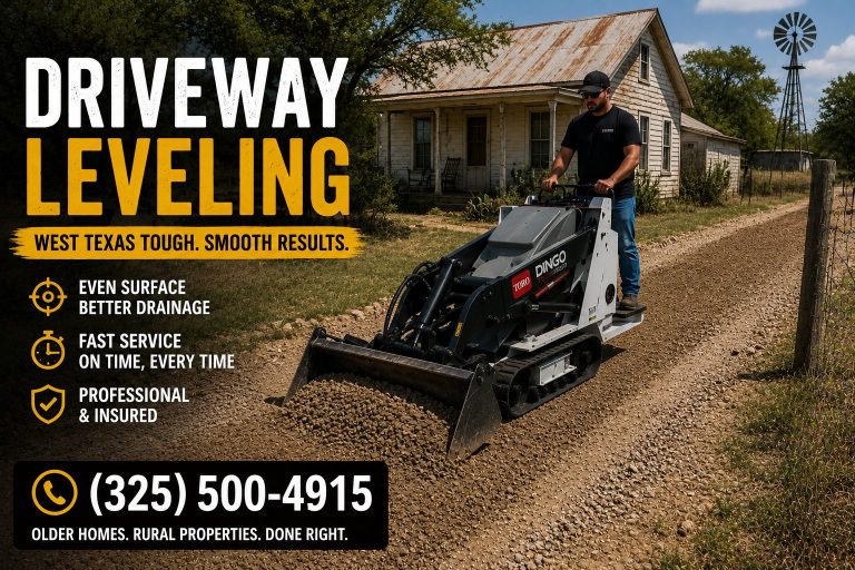 Mini skid steer leveling dirt in backyard near older home in Abilene TX
