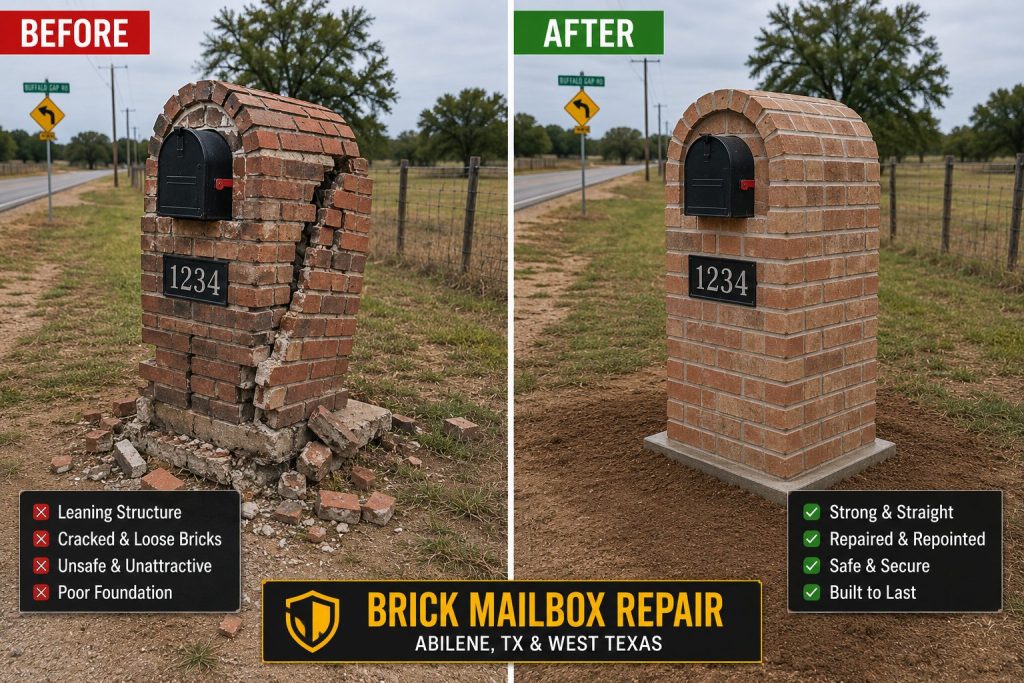 Before and after brick mailbox repair in Abilene TX