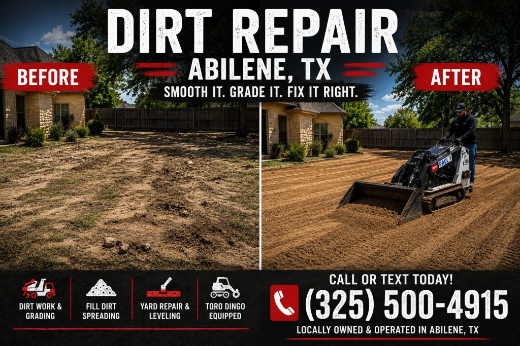 Before and after dirt repair project in Abilene TX using a Toro Dingo mini skid steer for grading and leveling