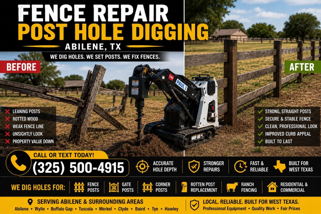 Before and after fence line repair and post hole digging service in Abilene TX