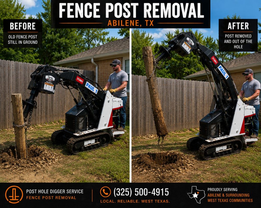 Before and after fence post removal in Abilene TX using Toro Dingo mini skid steer