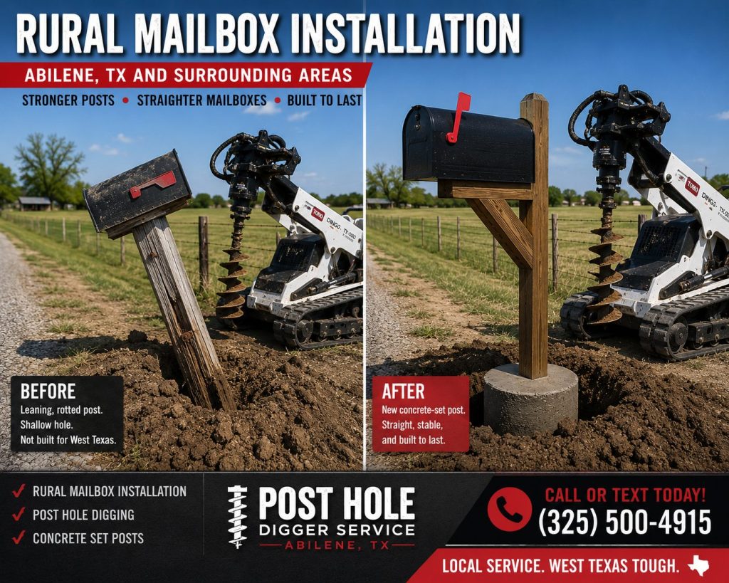 Before and after rural mailbox installation in Abilene TX during winter weather