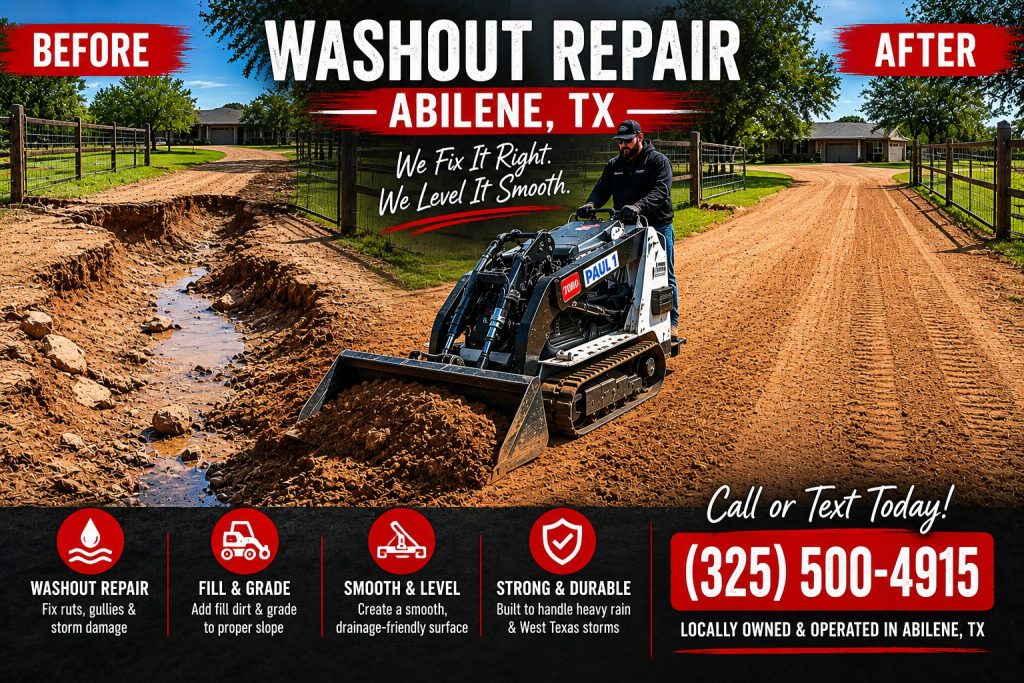 Before and after washout repair project in Abilene TX using a Toro Dingo mini skid steerabilene tx