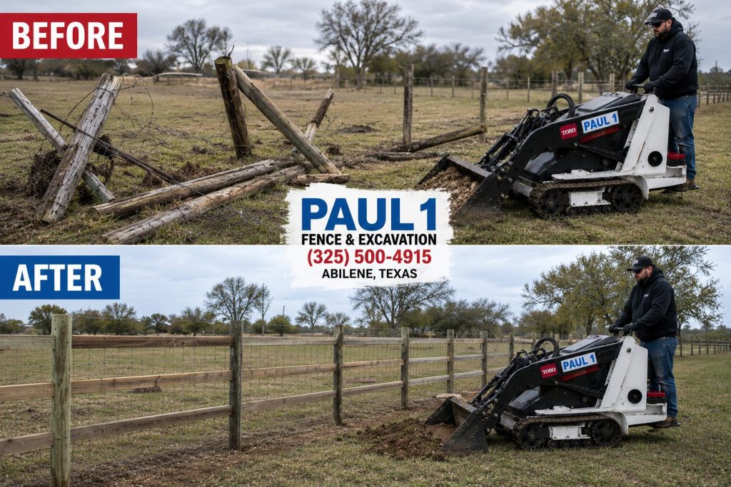 Before and after wind damaged fence repair in Abilene TX using a Toro Dingo mini skid steer and hydraulic augerrepair abilene tx