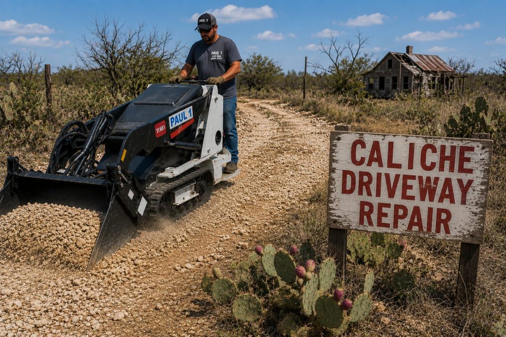 Caliche driveway repair with deer and ranch house in Abilene TX