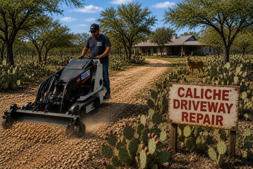 Caliche driveway repair near pond with ducks in Abilene TX