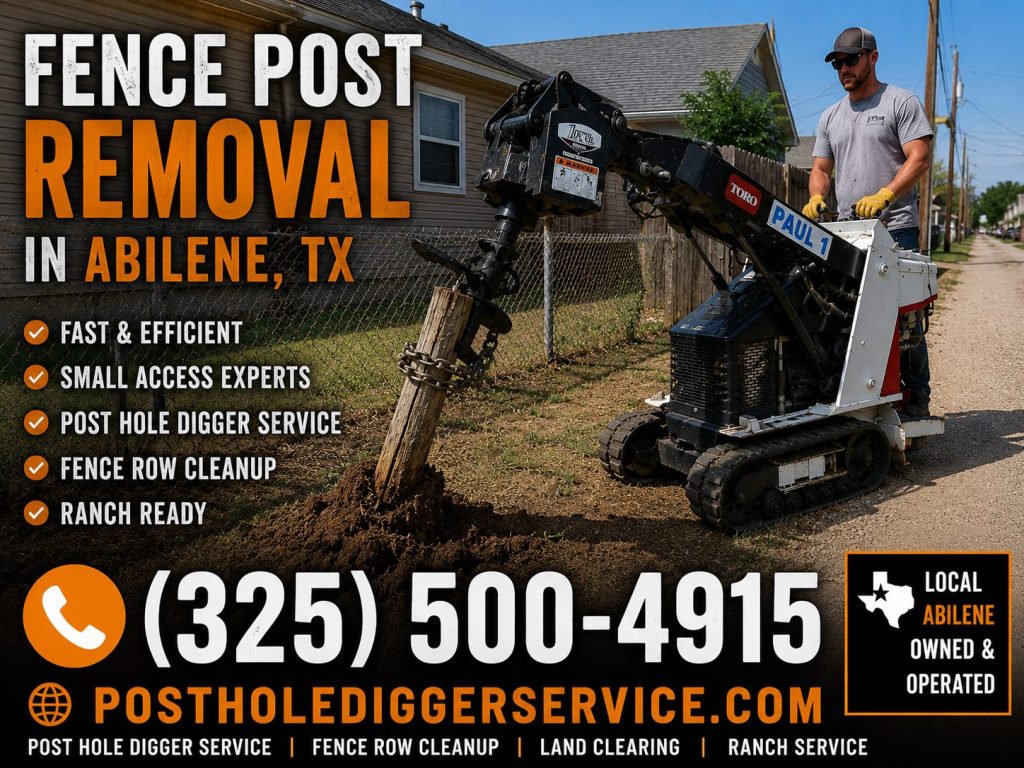 Chain link fence post removal in Abilene TX with compact equipment