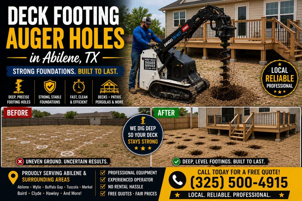 Deck footing auger holes in Abilene TX using Toro mini skid steer for strong deck foundationshero.webp
