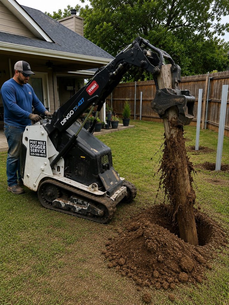 Fence post auger drilling service in Abilene TX using Toro mini skid steer equipment