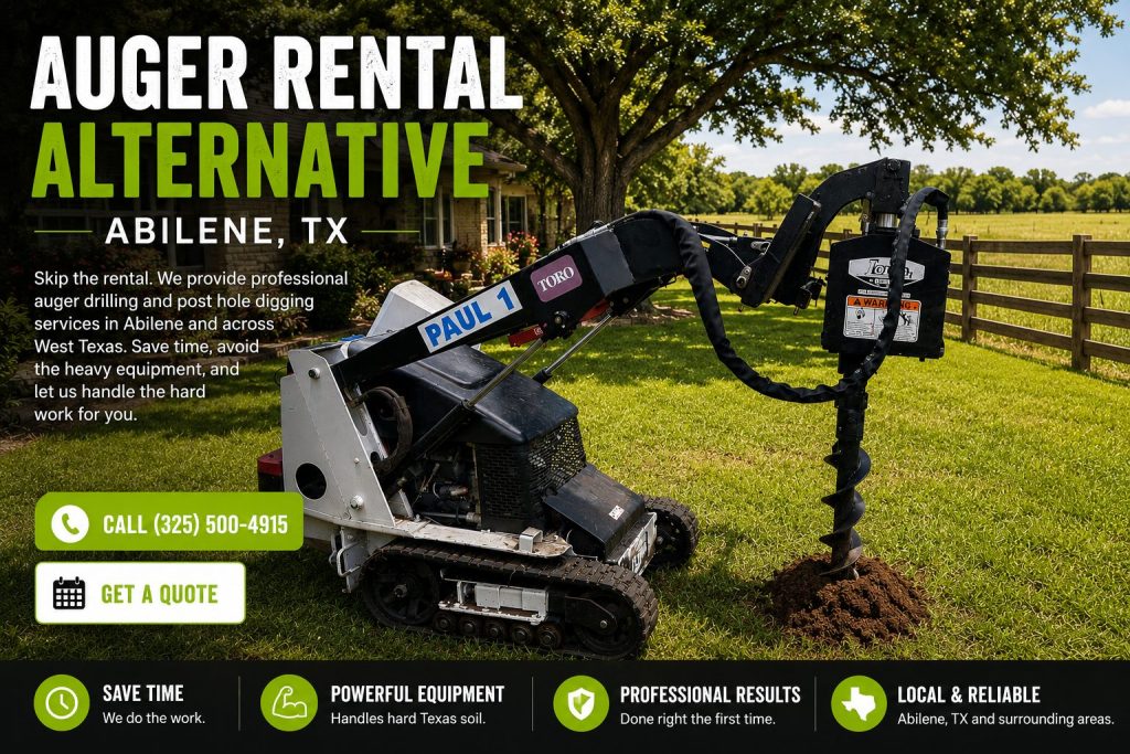 Fence post auger drilling service in Abilene TX using compact skid steer equipment