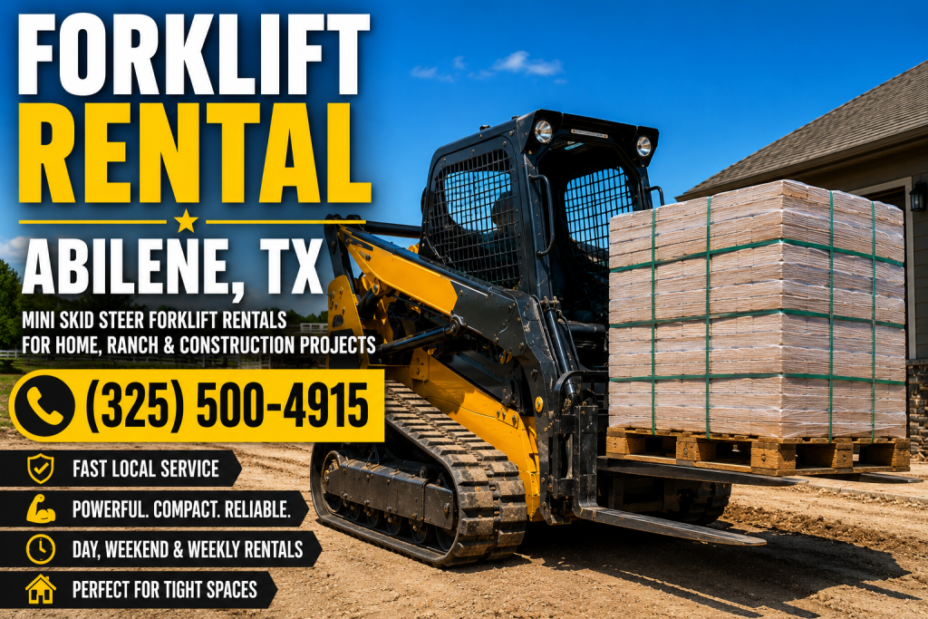 mini skid steer forklift rental in Abilene TX lifting pallet materials at residential job site