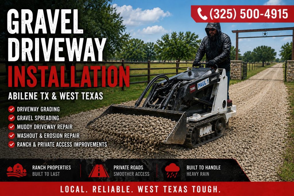 Toro mini skid steer spreading gravel on a ranch driveway in Abilene TX for gravel driveway installation and road grading servicestx toro mini skid steer