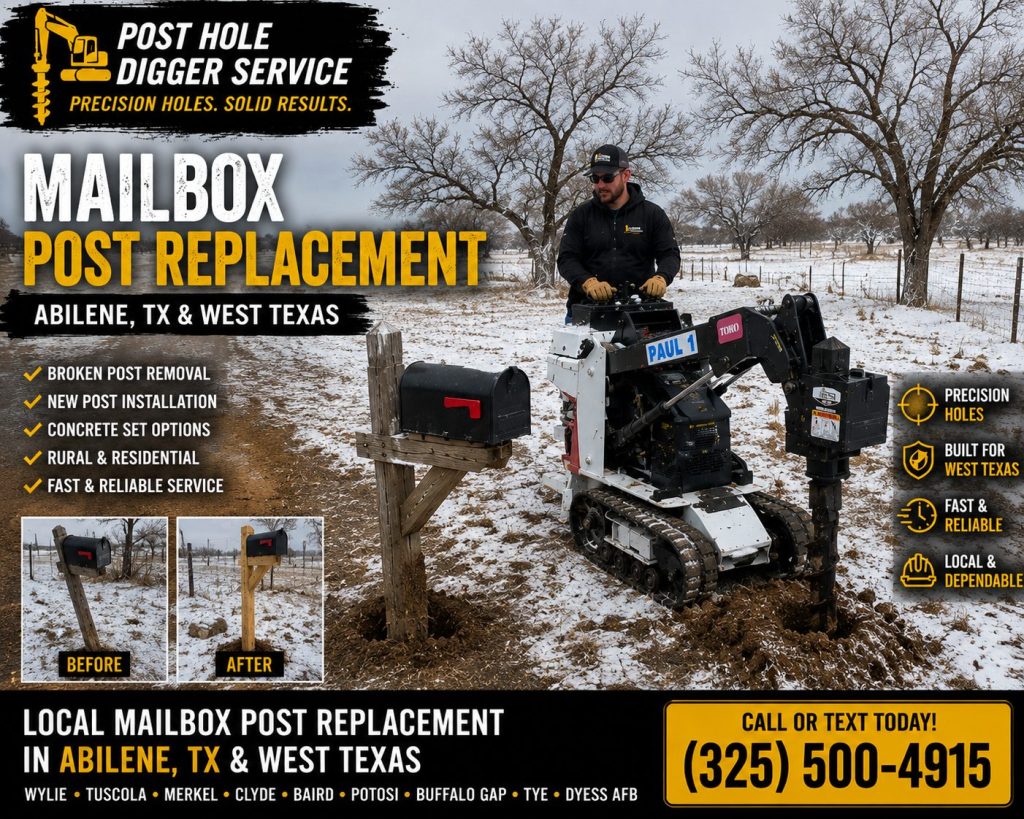 Brick mailbox repair in green field near Abilene Texas