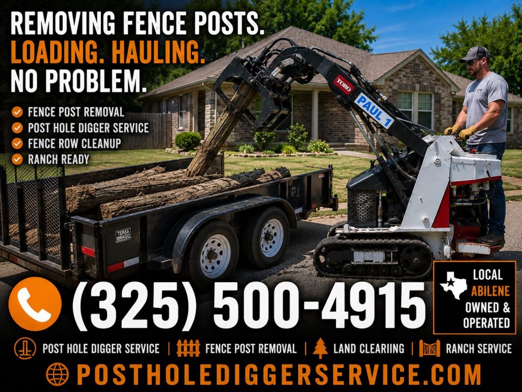 Mini skid steer loading old fence posts into trailer in Abilene TX