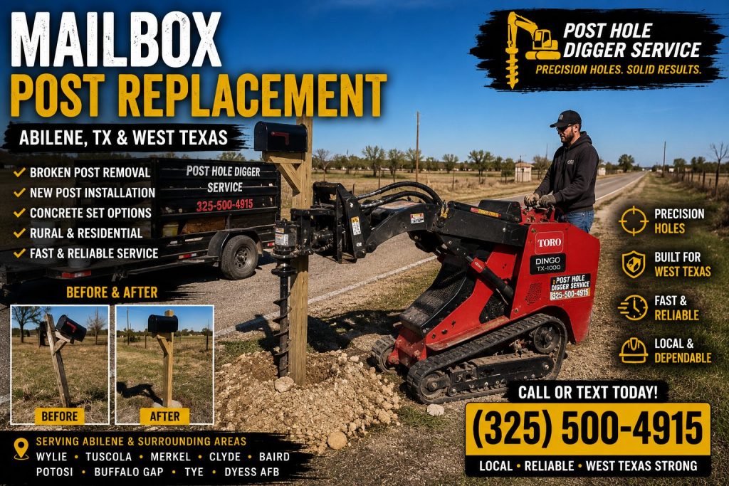 Mailbox post hole digging in Abilene TX with auger attachment