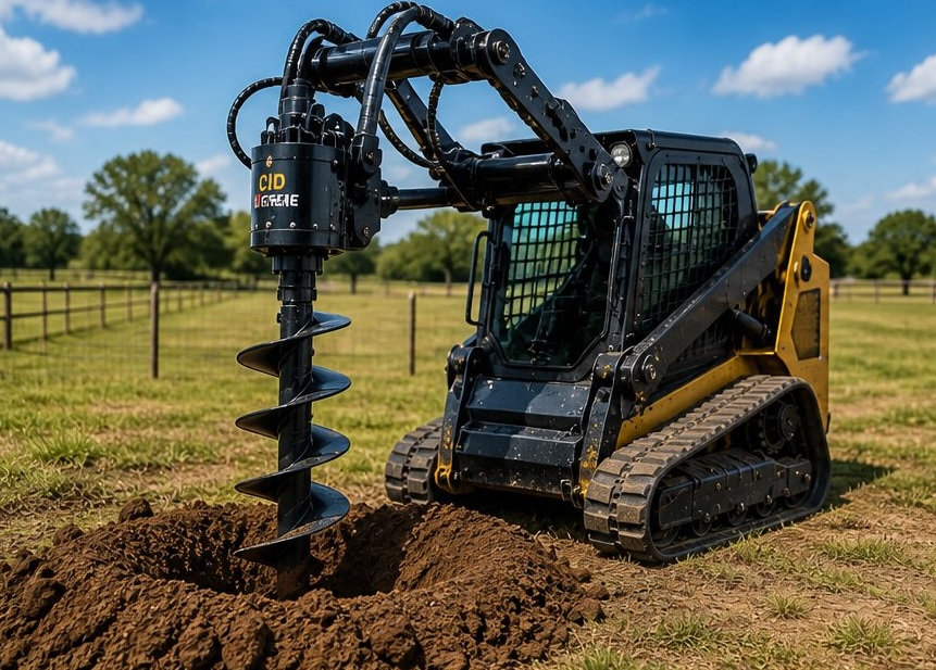Mini skid steer with auger attachment drilling post holes in Abilene TX