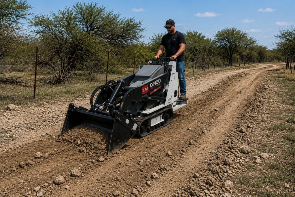 Mini skid steer repairing gravel driveway in Abilene TX