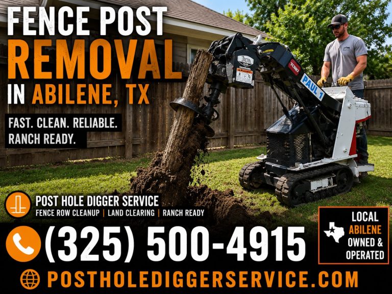 Mini skid steer pulling old fence post from backyard in Abilene TX