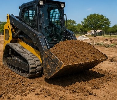 Mini skid steer working in backyard tight space in Abilene Texas