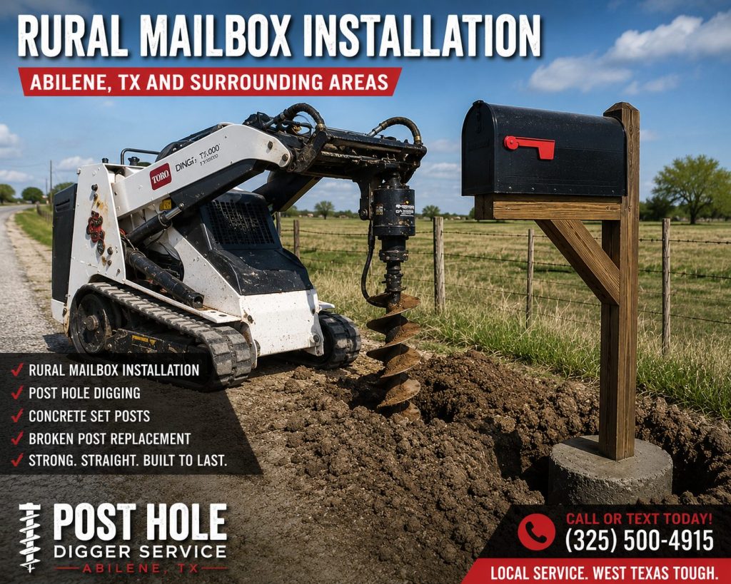 Mailbox installation beside muddy rural road in Abilene TX