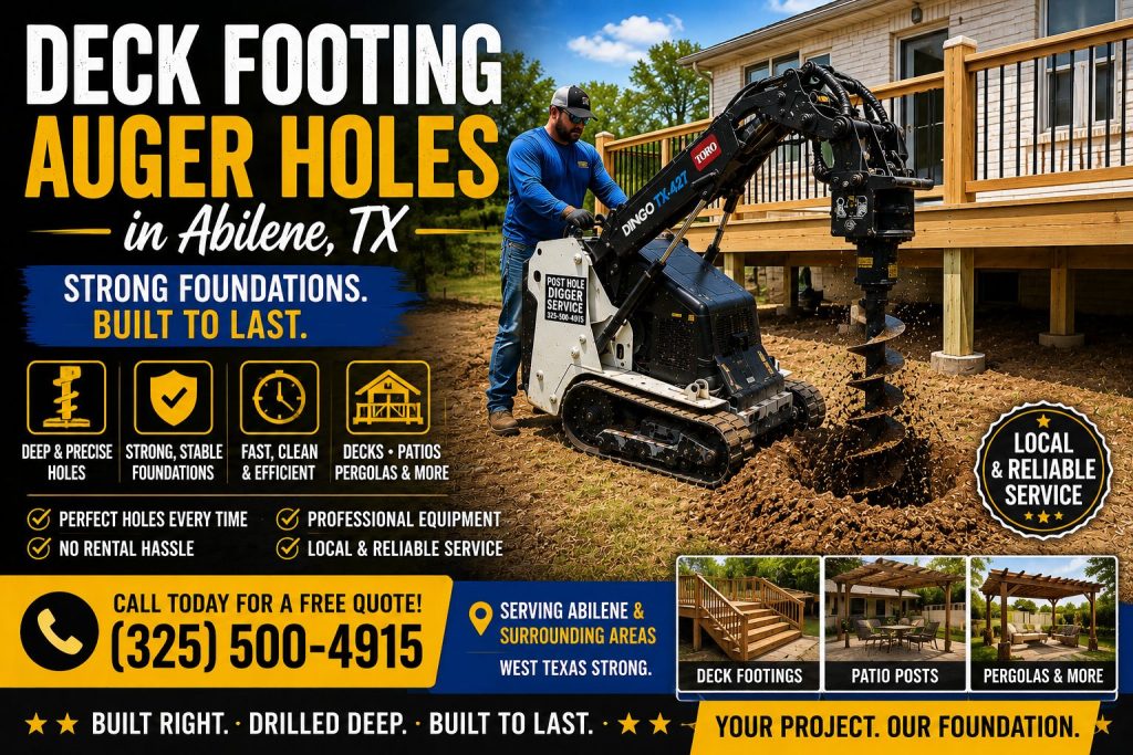 Patio footing hole drilling service in Abilene TX using Toro mini skid steer auger