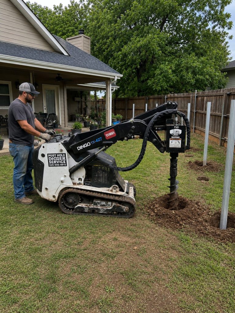 Post hole drilling service in Abilene TX using Toro mini skid steer auger attachment