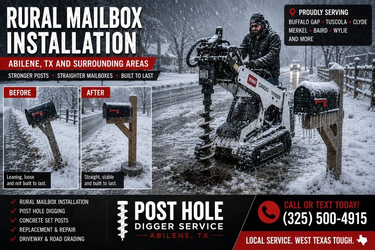 Rural mailbox installation in heavy rain near Abilene TX using Toro Dingo