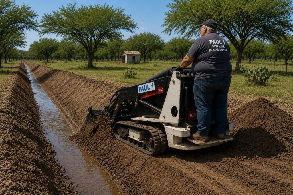 Ranch drainage grading in West Texas near Abilene