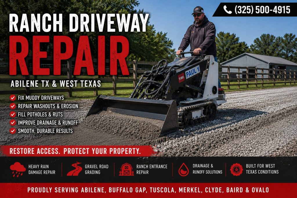 Toro mini skid steer repairing a ranch driveway in Abilene TX with gravel grading and driveway repair services