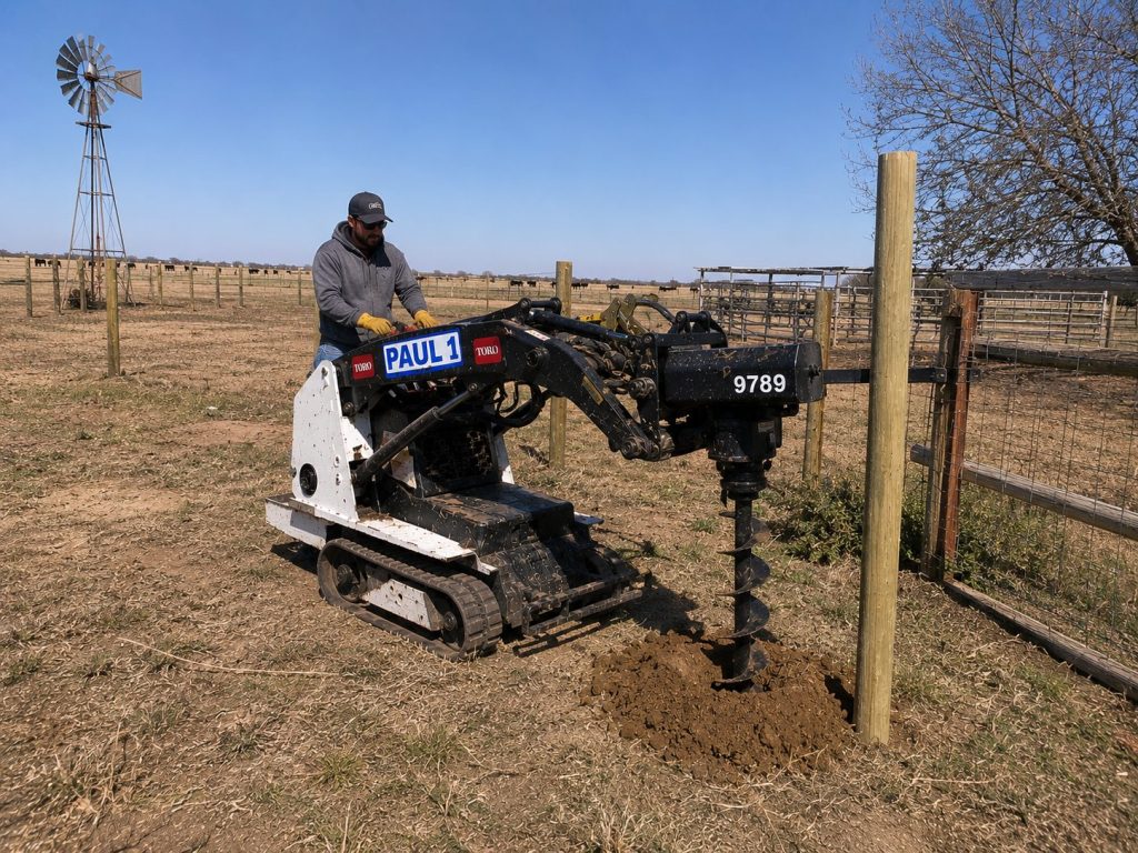 Toro Dingo drilling fence post holes for ranch fence installation in Abilene TX