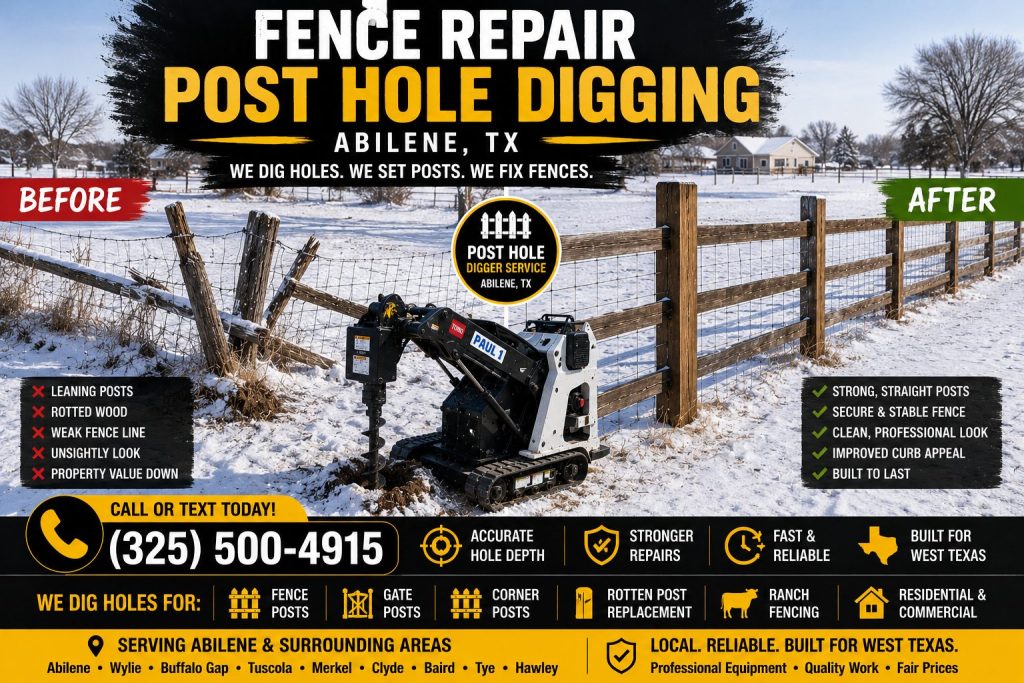 Ranch fence repair post hole digging service in Abilene TX using mini skid steer auger