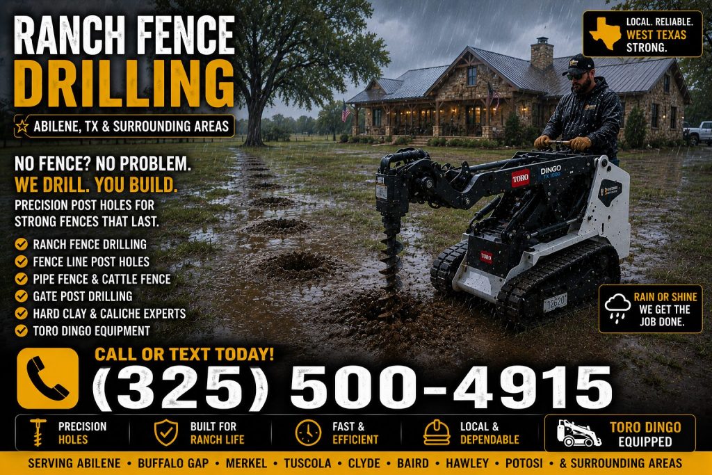 Ranch fence drilling beside water tank in Abilene TX