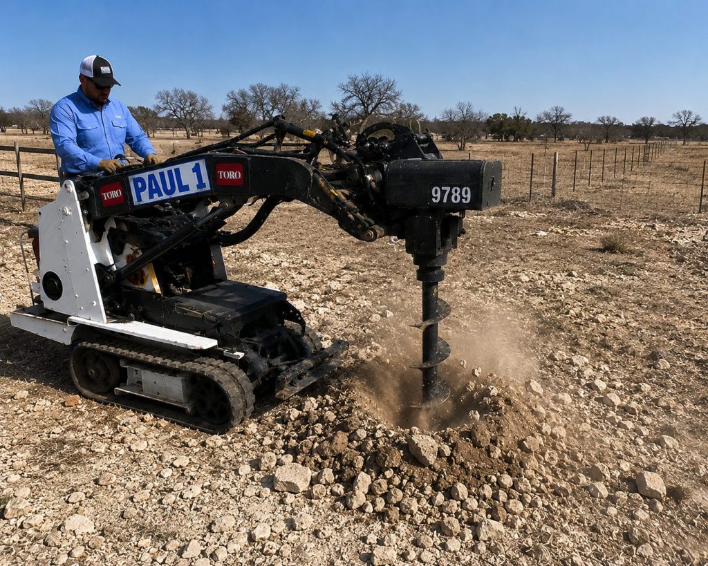 Toro Dingo drilling post holes through rocky caliche soil in Abilene TXabilene tx
