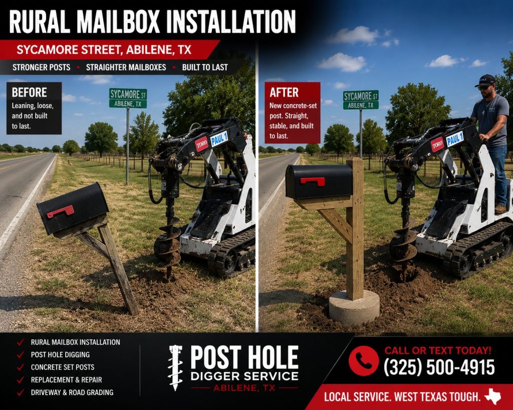 Rural mailbox installation in Abilene TX with Toro Dingo mini skid steer during winter snow and ice storm