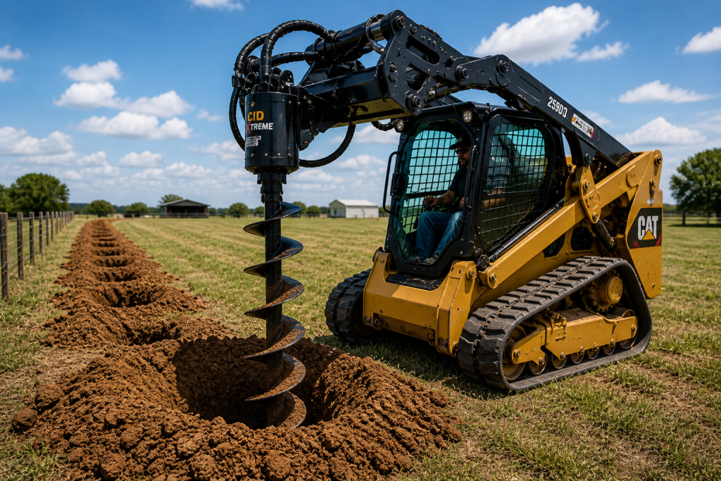 Skid steer auger drilling multiple post holes in Abilene Texas