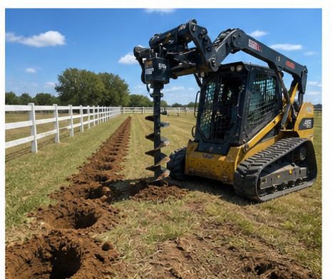 Skid steer auger drilling multiple post holes in Abilene Texas quickly and efficiently