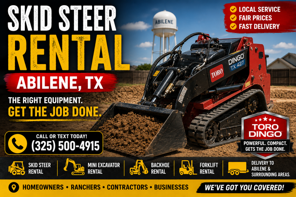 Toro Dingo mini skid steer rental working on dirt project in Abilene Texas