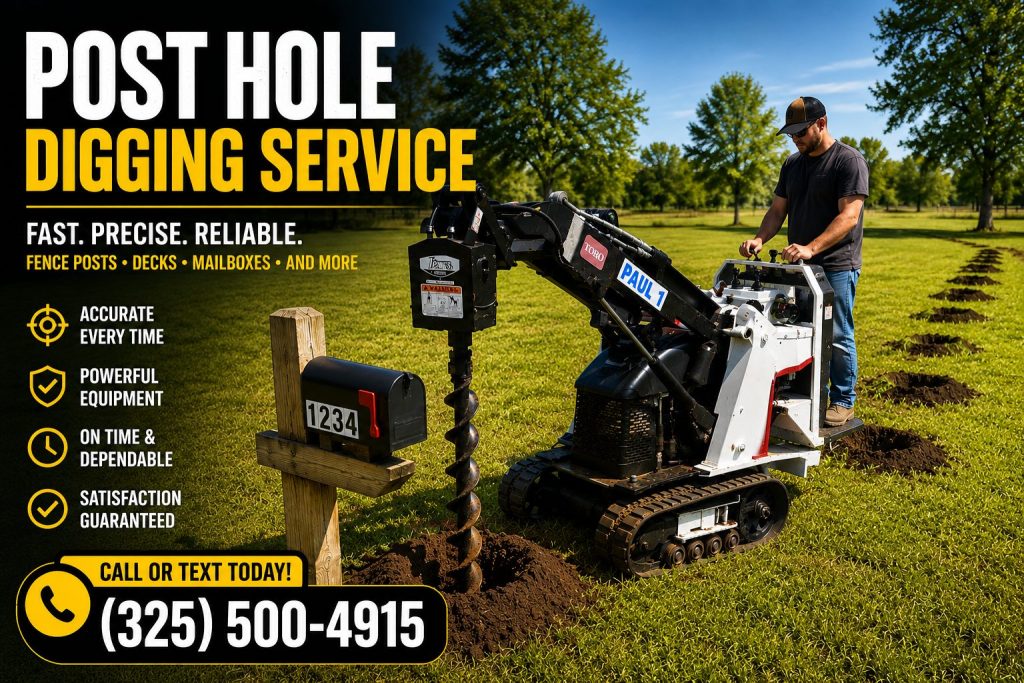 Small backyard post hole digging in Abilene TX with mini skid steer auger