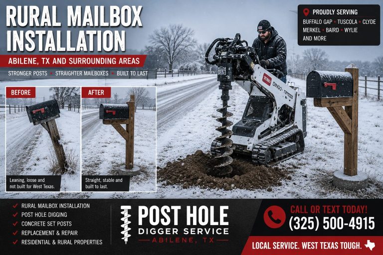 Snowy rural mailbox installation in West Texas near Abilene