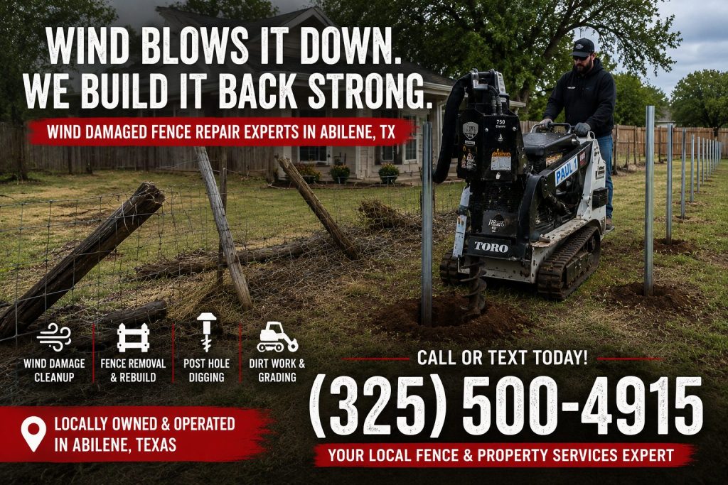 Replacing broken fence posts after wind storm damage in Abilene Texas