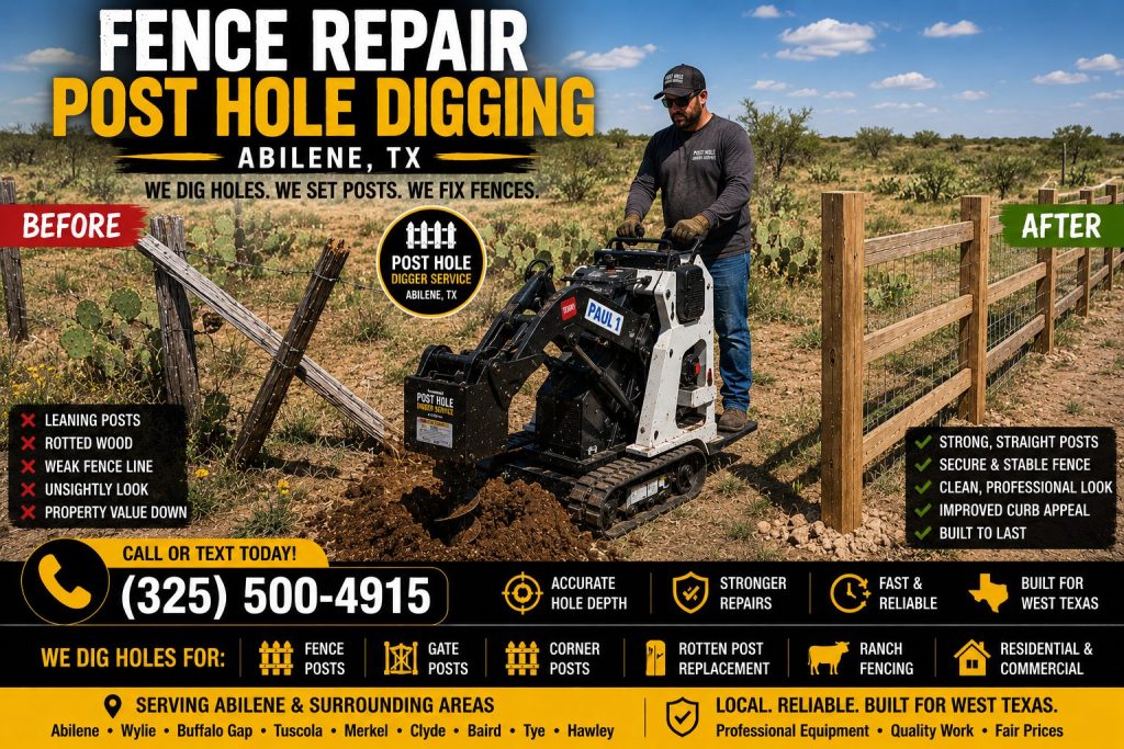 Storm damaged fence repair and post hole digging service in Abilene TX