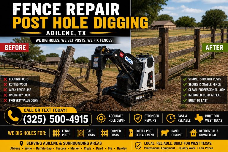 Tight backyard fence repair access with mini skid steer auger in Abilene TX