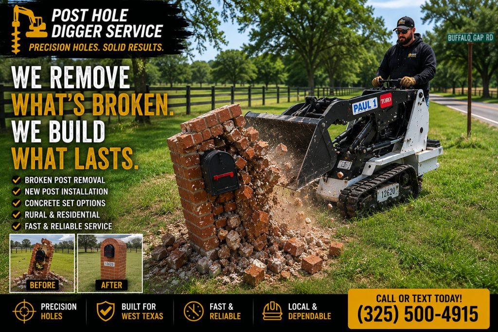 Toro Dingo removing broken brick mailbox in Abilene TX
