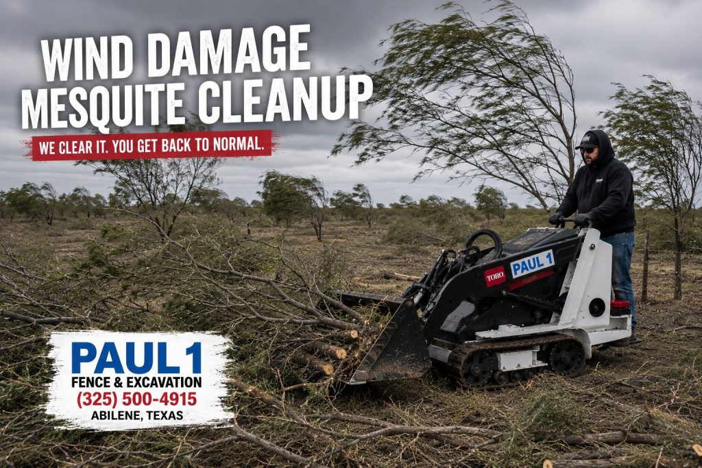 Toro Dingo mini skid steer drilling fence post holes for wind damage fence repair in Abilene TX