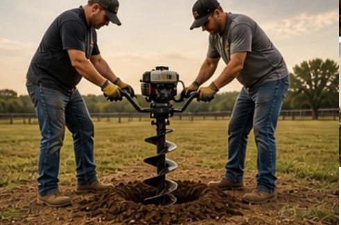 Two man auger drilling deep post hole in Abilene Texas soil