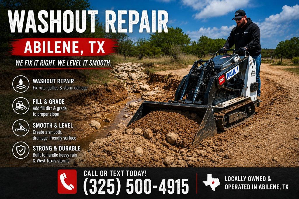 Toro Dingo mini skid steer repairing a driveway washout and erosion damage in Abilene TX