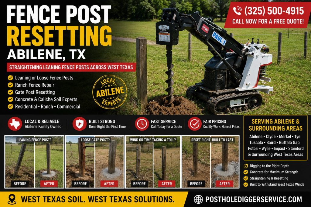 Wind damaged fence post resetting in Abilene TX using Toro mini skid steerresetting abilene tx